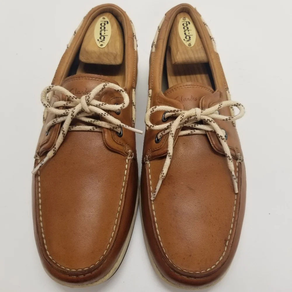 Clarks Rock Men Sz 9.5 Tan Leather Boat Dock Deck Shoe Slip On Lace Up Moccasin